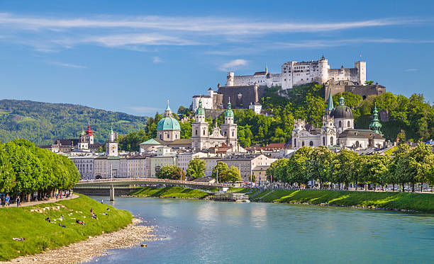 Beautiful view of Salzburg skyline with Festung Hohensalzburg and Salzach river in summer, Salzburg, Salzburger Land, Austria